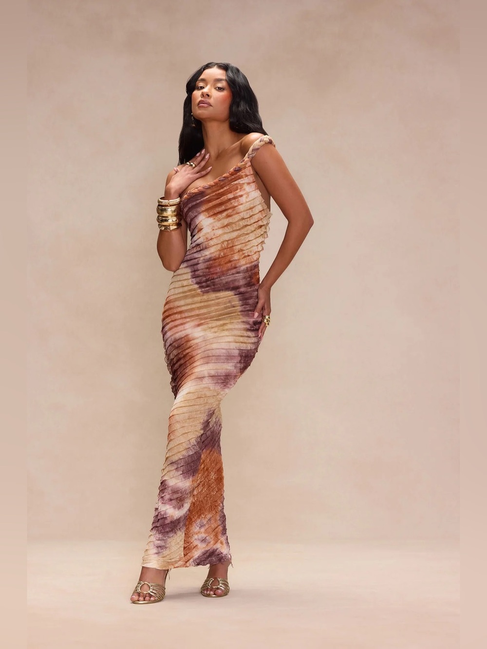 Fashion Nova One-Shoulder Tie-Dye Maxi Dress in Mauve, Rust, Cream